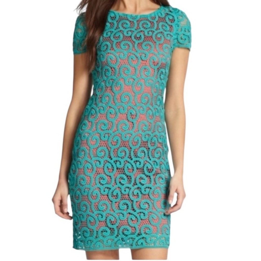 Elie Tahari Teal 2-Piece Crochet Embroidered Lace Dress 4